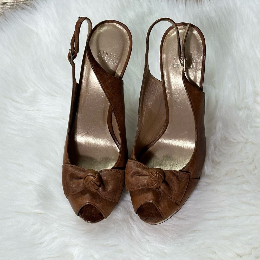 Stuart Weitzman Brown Slingback Heels with Bow Detail - Picture 1 of 10